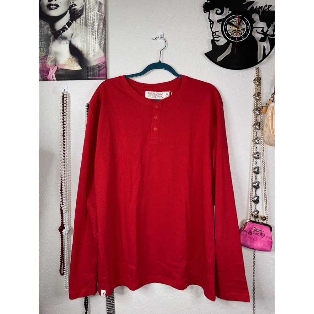Kangol Mens Red Long Sleeve Henley Shirt XXL Recycled Cotton Blend NWT